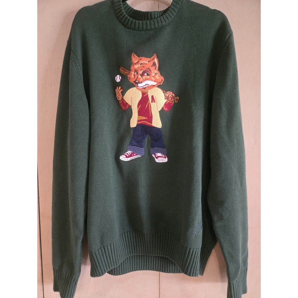 AKOO Mens 2XL Green Knit Sweater Fox Mascot Embroidered Graphic Streetwear
